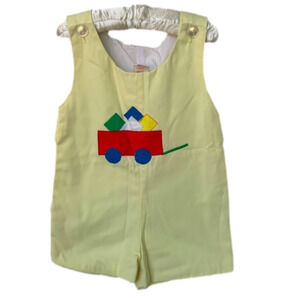 Samara Vintage 90s Embroidered Wagon Blocks Colorful Applique First Day Shortall